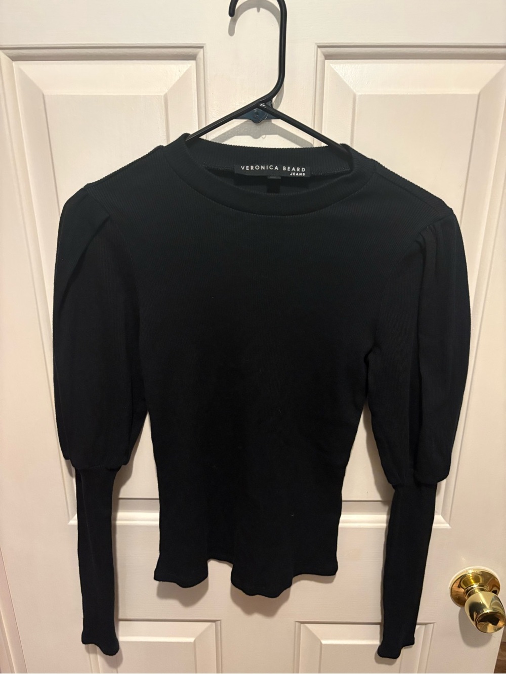 Veronica Beard Rib Knit Puff Shoulder Long Sleeve Top Black